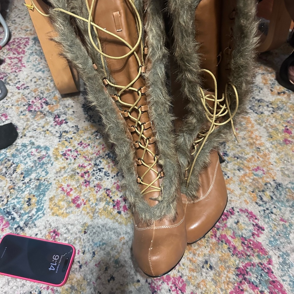Faux Fur Lace-Up Tan Boots